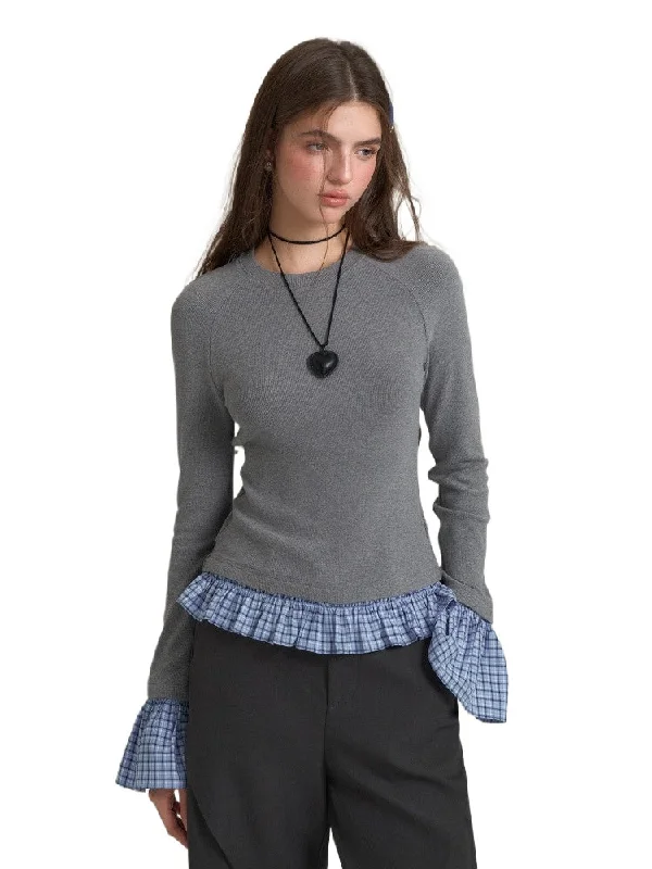 Black & Gray Plaid Patchwork Sweater Chenille Brocade Lace