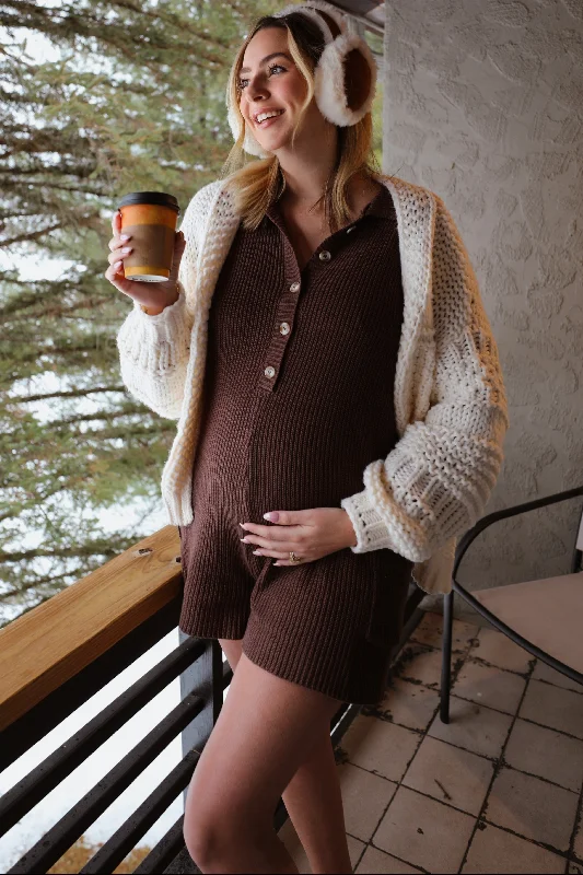 Brown Button Down Maternity Sweater Romper Elegant Classic Vintage