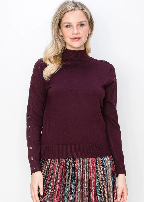 Burgundy Mock Neck Sweater with Buttoned Sleeves