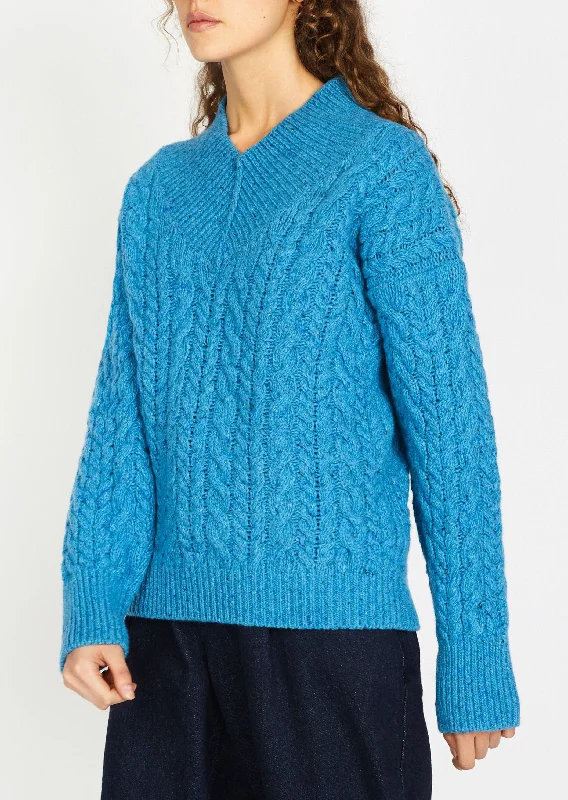 IrelandsEye Cable V-neck Aran Sweater | Blue Solid Color Striped Floral Print