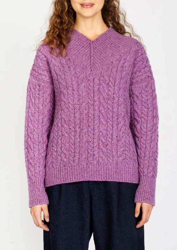 IrelandsEye Cable V-neck Aran Sweater | Orchid Chenille Brocade Lace