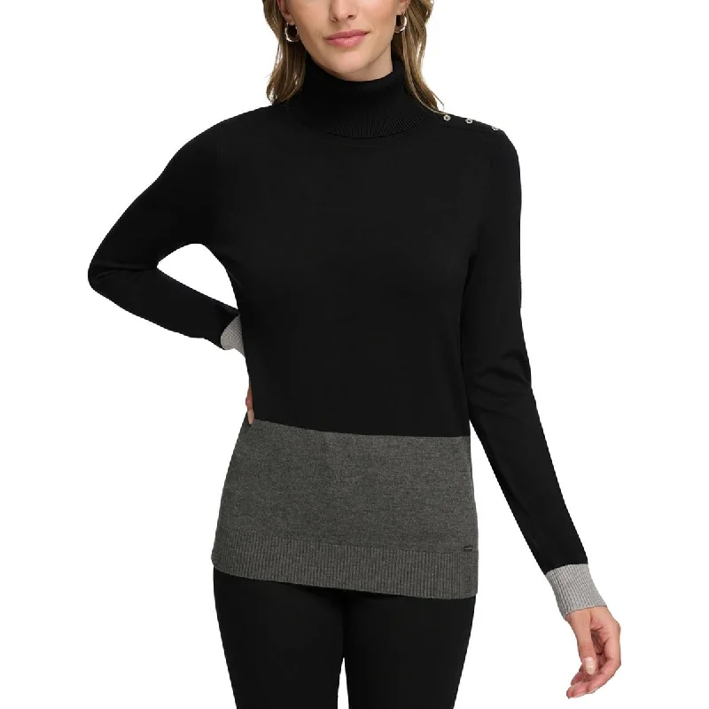 Calvin Klein Womens Colorblock Long Sleeve Turtleneck Sweater Glossy Satin Silk