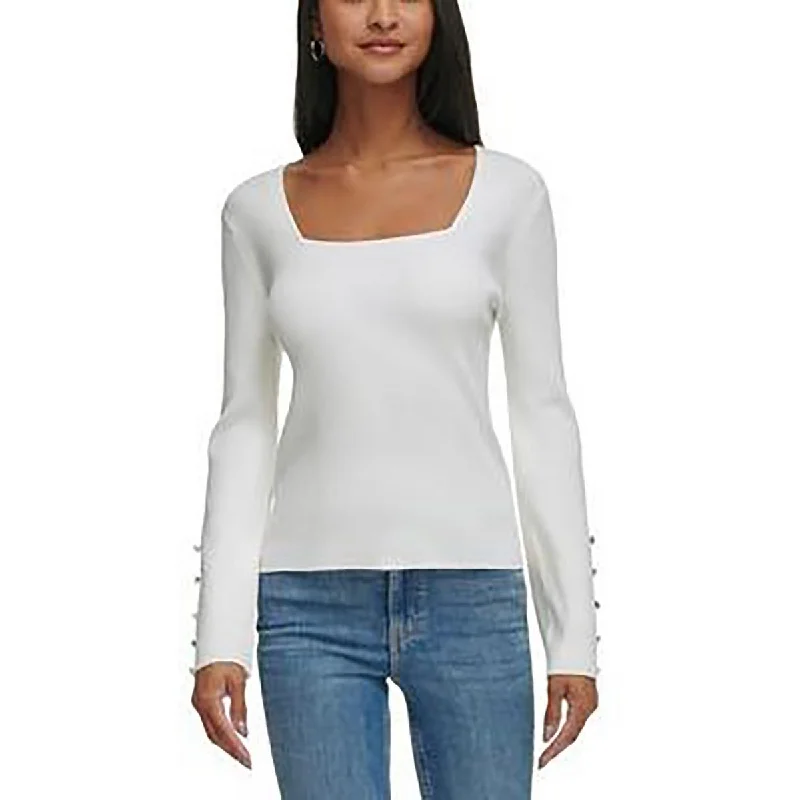 Calvin Klein Womens Square Neck Button Trim Pullover Sweater