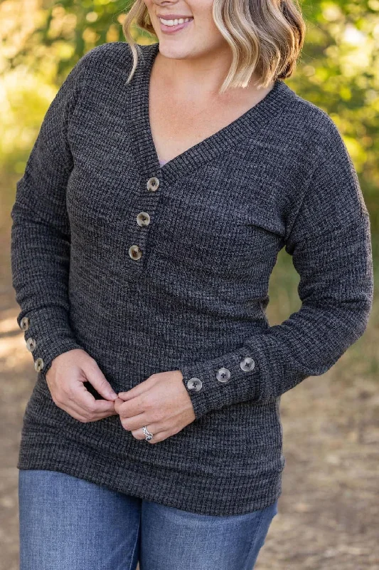 Charcoal button sweater Hooded Caped Shawl Collar