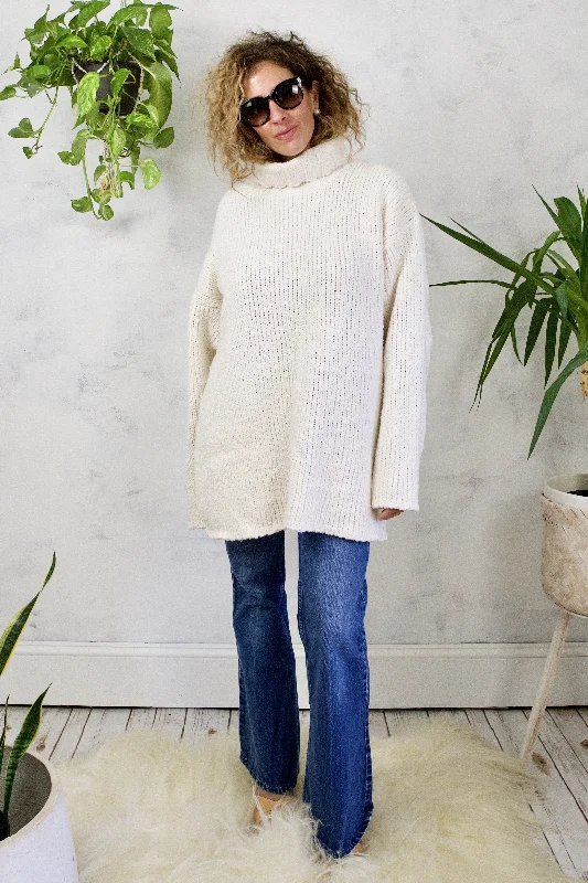 Vintage Chunky Oversized Ivory Sweater Mesh Blend Leather Blend Suede Blend