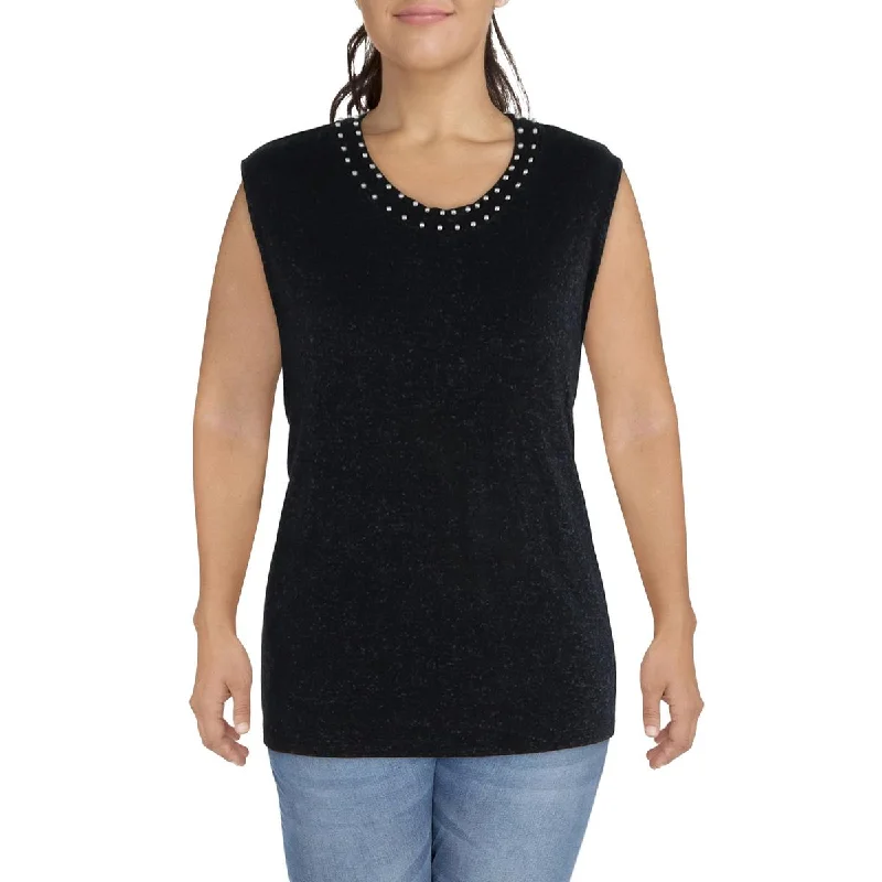 Coin 1804 Womens Plus Jewel Neck Beaded Tank Top Sweater Tailored Straight A-Line