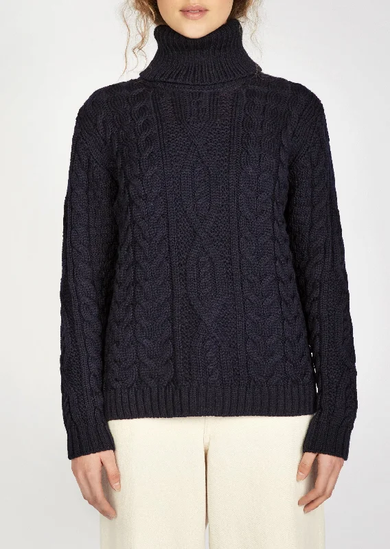 Women's Polo Neck Aran Sweater | Navy Faux Fur Fabric Real Fur Fabric Shearling Fabric