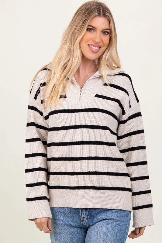 Cream Black Striped Knit Half Zip Sweater Denim Fabric Leather Fabric Suede Fabric