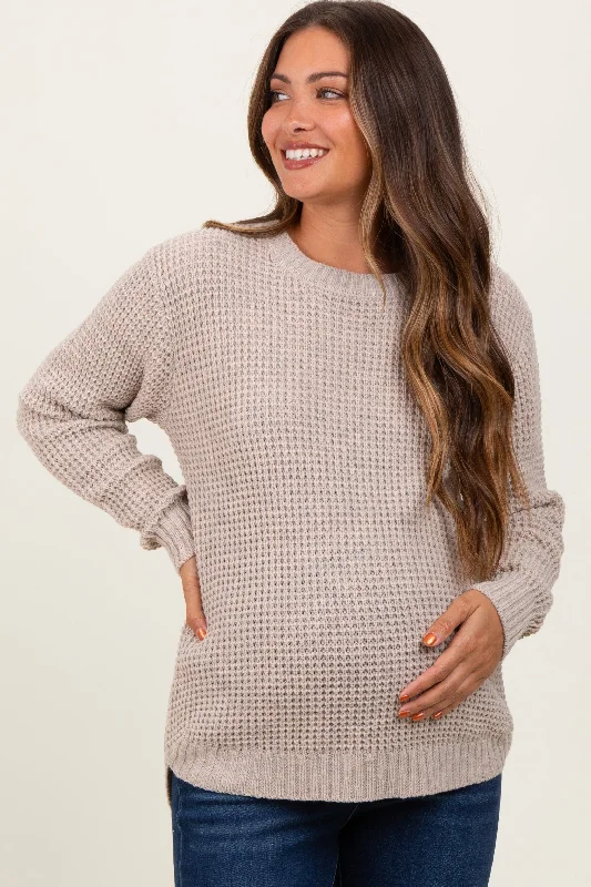 Dark Beige Waffle Knit Rounded Hem Maternity Sweater Velvet Chenille Corduroy