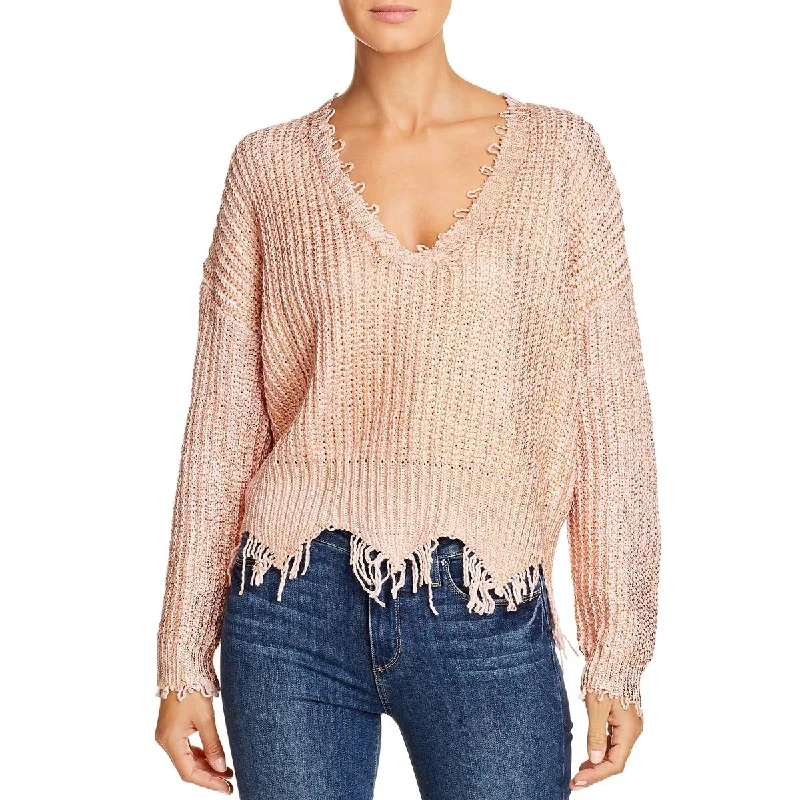 Elan Womens Metallic Distressed V-Neck Sweater