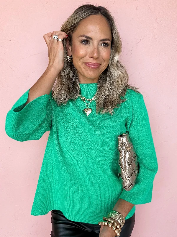 There's Always Hope Mock Neck Sweater-Kelly Green Sequined Glittery Shiny