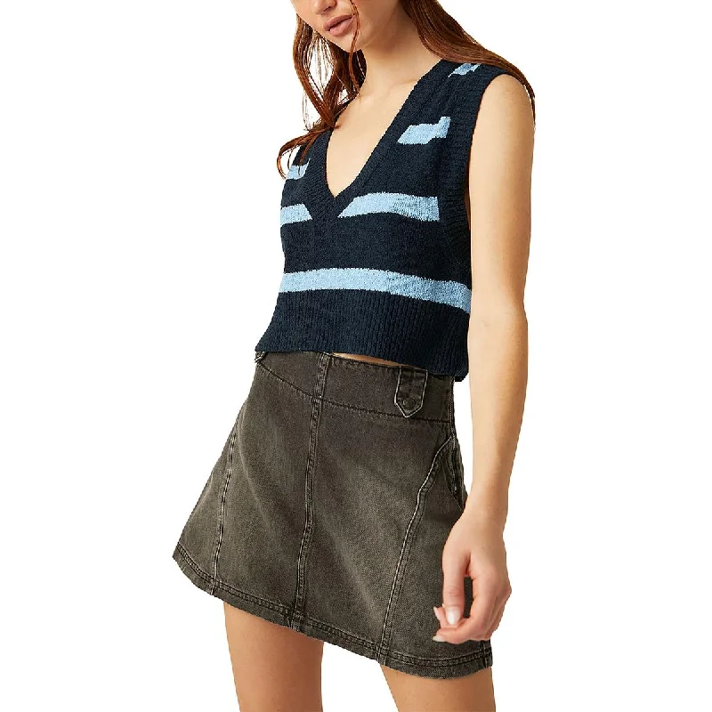 Free People Womens Santa Monica V Neck Striped Crop Sweater Elasticated Padded Insulated Free People Womens Santa Monica V Neck Striped Crop Sweater Elasticated Padded Insulated