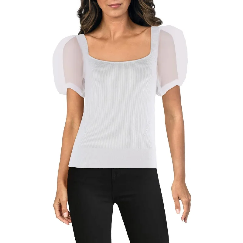 French Connection Womens Krista Square Neck Ribbed Crop Sweater Solid Print Embellished