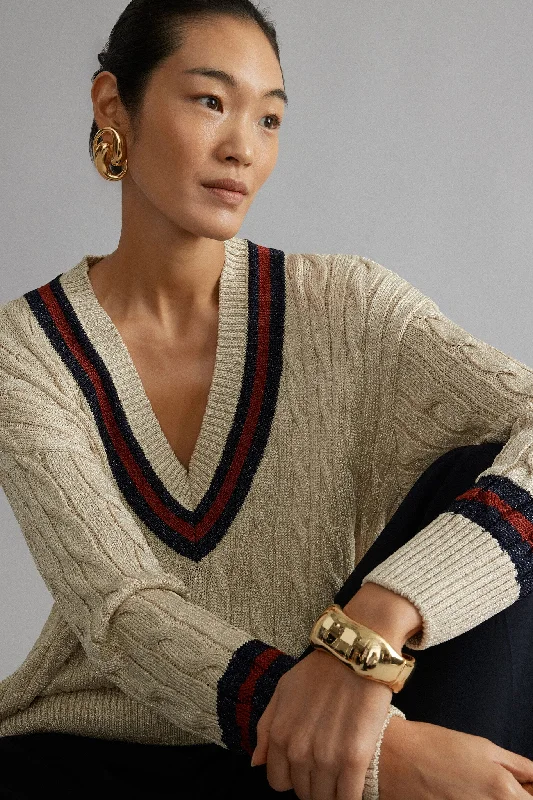 Garnet and Navy Stripe Metallic Morrissey Sweater Elegant Classic Vintage