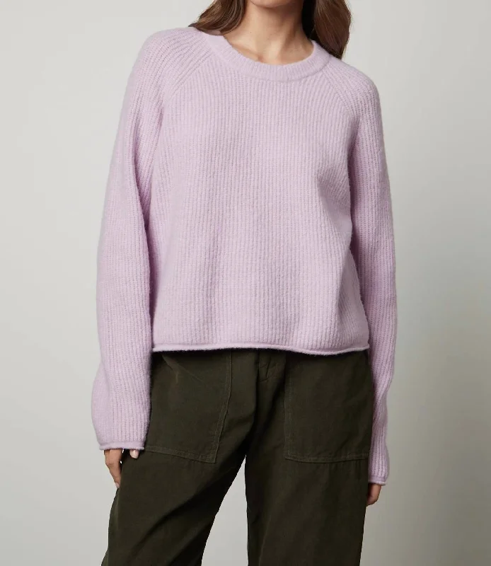 Gigi Long Sleeve Crew Sweater In Lilac Spandex Rayon Corduroy