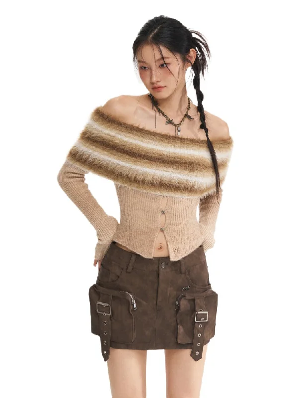Gradient Off-Shoulder Knit Sweater Slim Fit Regular Fit Oversized