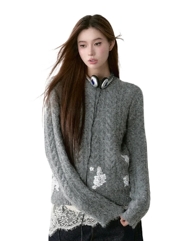 Gray Lace Panel Crewneck Sweater Bright Pastel Dark