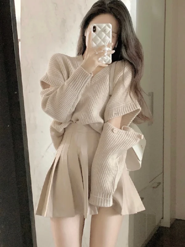 Harajuku Vintage Sweet V-neck Wool Sweater and Pleated Mini Skirt Folds Two Piece Sets Womens Festival Outifits Winter Knit Fabric Woven Fabric Fleece Fabric