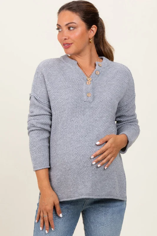 Heather Grey Diamond Knit Button Detail Maternity Sweater Anti-Pilling Anti-Shrink Durable