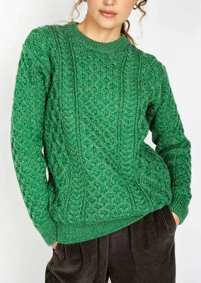 IrelandsEye Women's Aran Sweater | Green Marl Cashmere Blend Cotton Blend Poly Blend IrelandsEye Women's Aran Sweater | Green Marl Cashmere Blend Cotton Blend Poly Blend