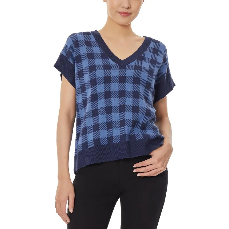 Jones New York Womens Knit Check Print Sweater Vest Silk Blend Satin Velvet