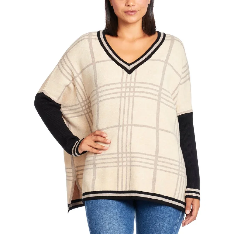 Joseph A. Womens V-Neck Knit Poncho Sweater Embroidered Appliqued Beaded