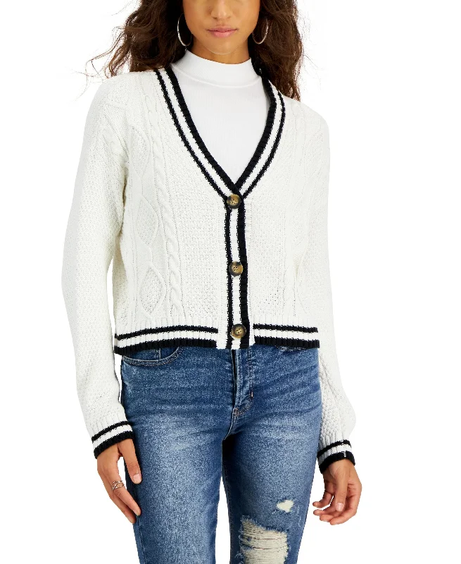 Juniors' Long Sleeve Cable-Knit Button-Front Sweater Herringbone Houndstooth Plaid