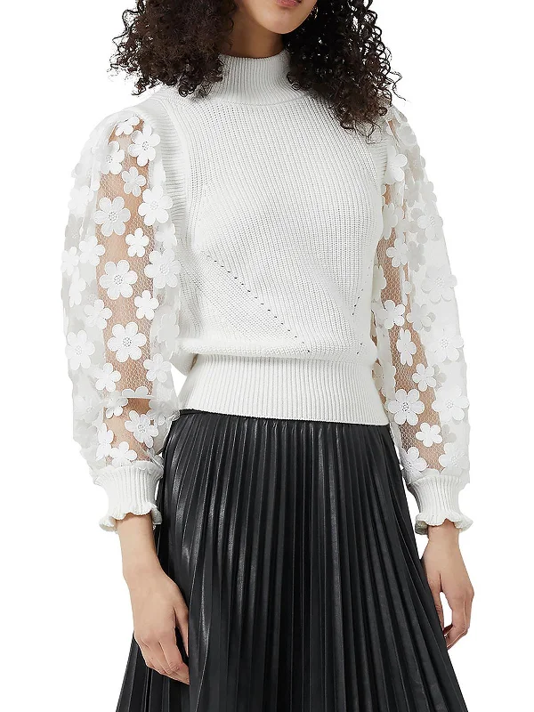 Juri Womens Cotton Applique Mock Turtleneck Sweater Herringbone Houndstooth Plaid