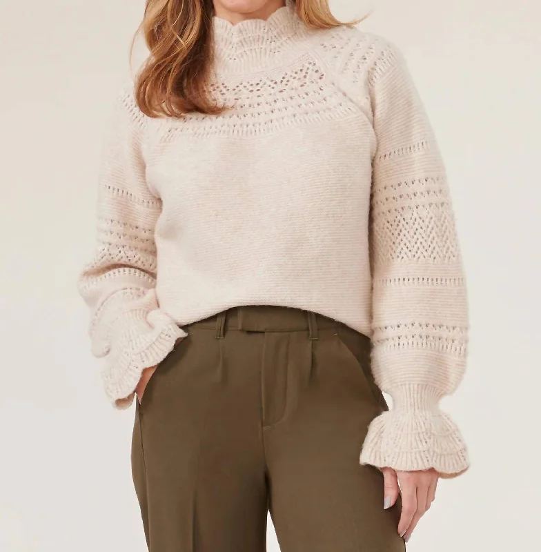 Long Blouson Flounce Sleeve Scallop Edge High Neck Sweater In Ivory Cable Knit Ribbed Knit Lace Knit Long Blouson Flounce Sleeve Scallop Edge High Neck Sweater In Ivory Cable Knit Ribbed Knit Lace Knit