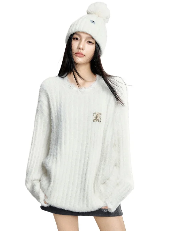 White & Khaki Loose Fit Mink Sweater Ribbed Striped Patterned