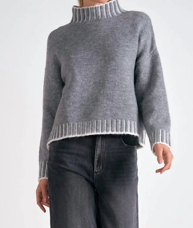 Mock Neck Sweater In Heather Grey Graphic Sweater Embroidered Appliqued