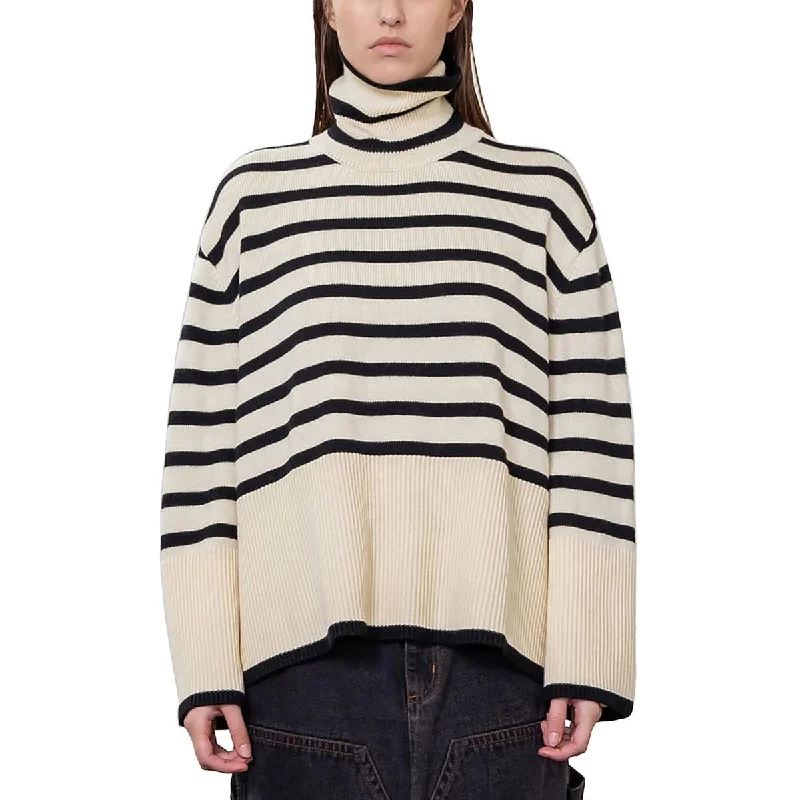 Moon River Womens Striped Ribbed Trim Turtleneck Sweater Bright Pastel Dark