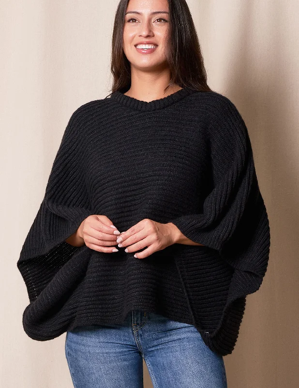 Natalie Cropped Sweater Poncho - Black