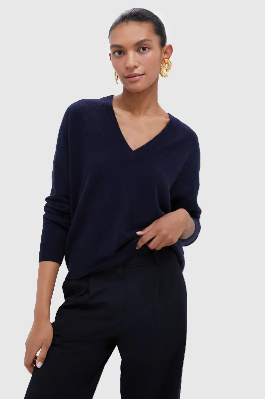 Navy Cashmere Emma V-Neck Boyfriend Sweater