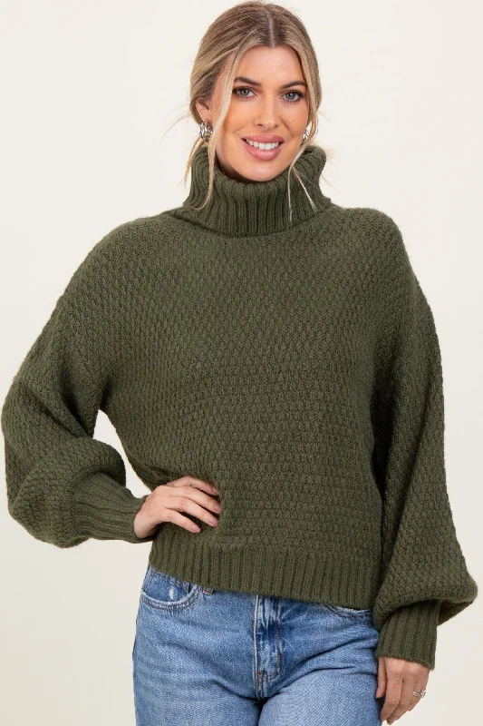 Olive Chunky Knit Turtleneck Sweater Solid Color Striped Floral Print