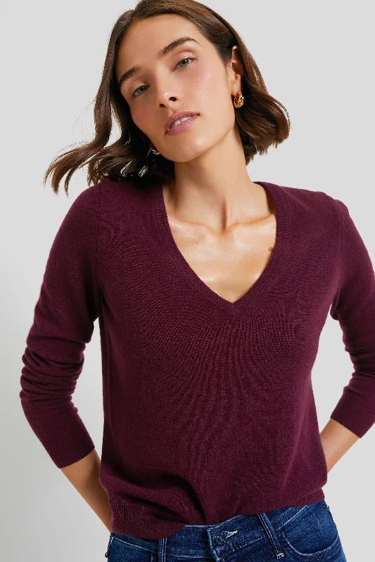 Oxblood Cashmere V-Neck Sweater Stretchy Elastic Breathable