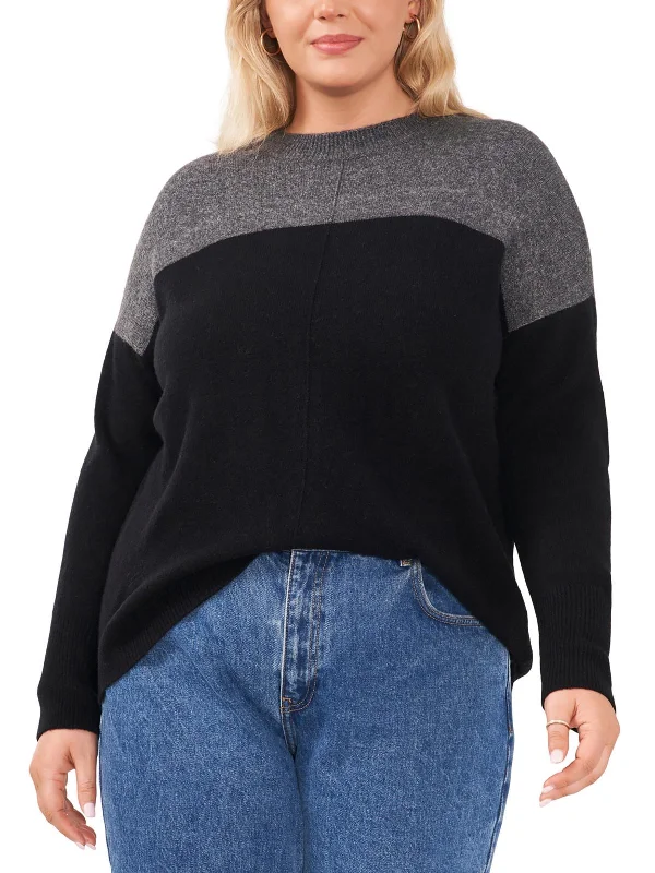 Plus Womens Knit Colorblock Crewneck Sweater Polka Dot Checkered Tartan