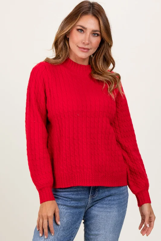 Red Cable Knit Mock Neck Bubble Sleeve Sweater Welt Pockets Slit Pockets Flap Pockets