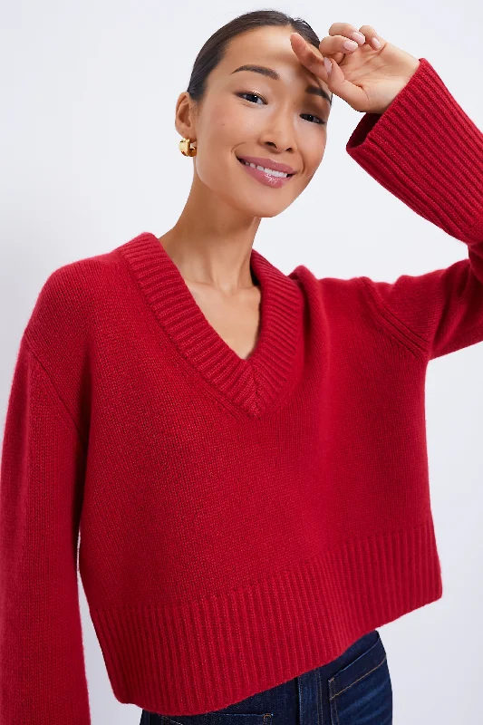 Red Rory Cashmere V-Neck Sweater Front Pockets Side Pockets Patch Pockets