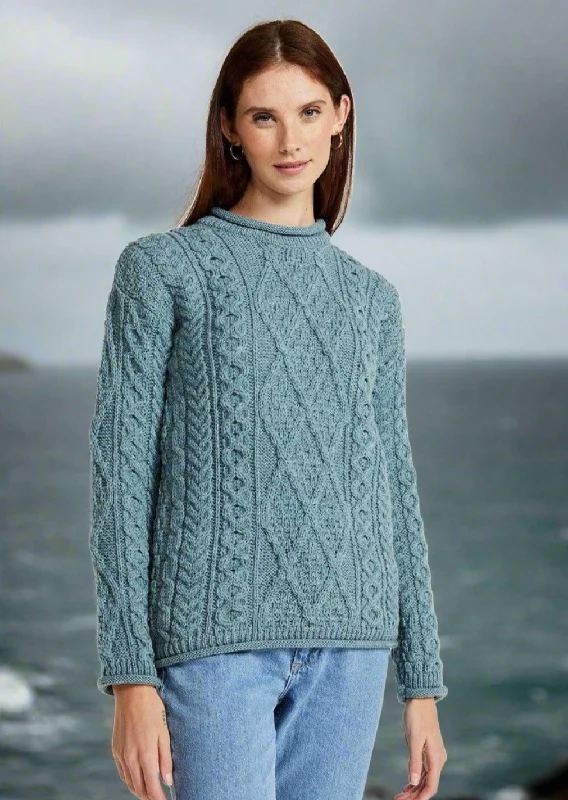 Roll Neck Aran Crew Sweater | Summer Storm Fleece Sweater Nylon Polyester