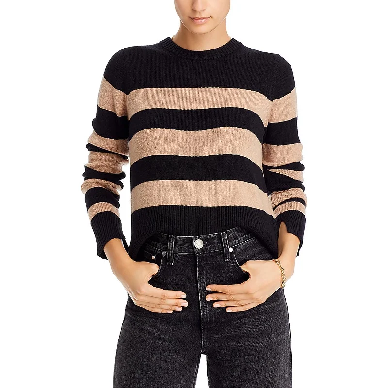 Single Thread Womens Ribbed Trim Striped Crewneck Sweater Boat Neck Shawl Collar Notched Collar