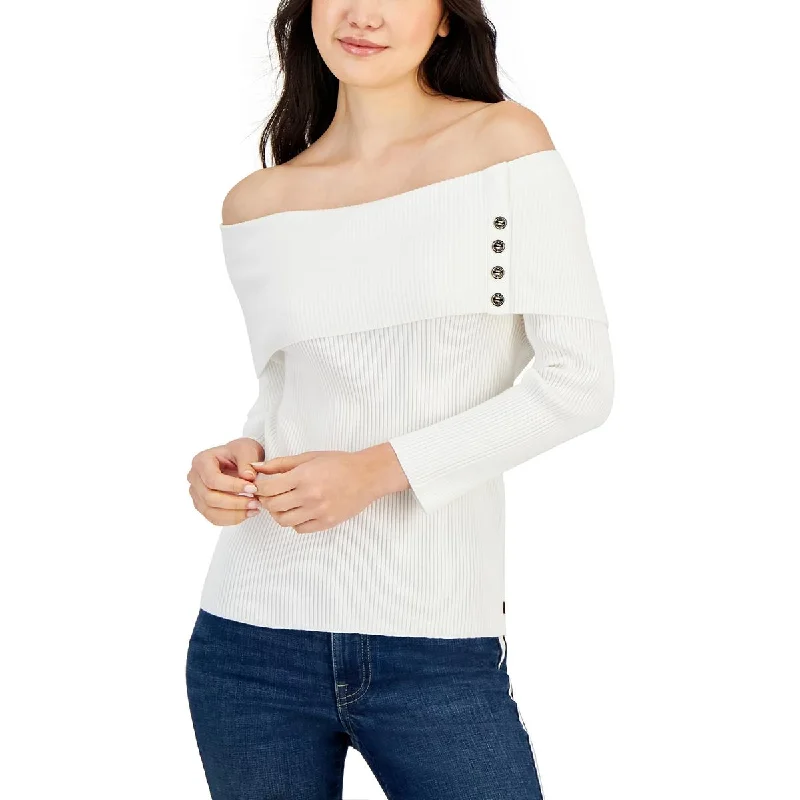 Tommy Hilfiger Womens Button Trim Ribbed Turtleneck Sweater Ribbed Striped Patterned