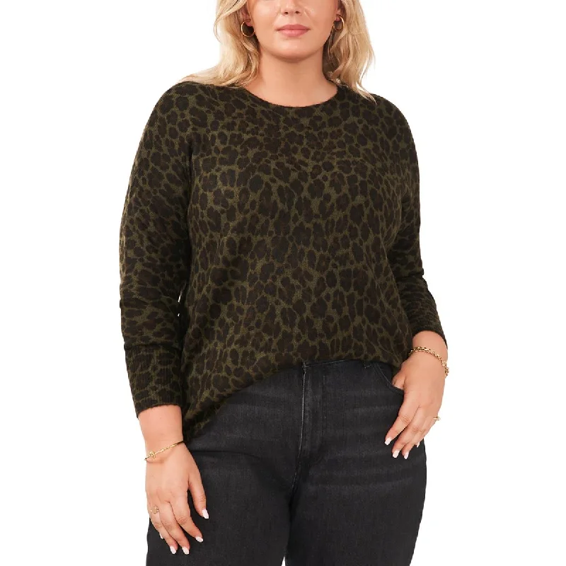 Vince Camuto Womens Plus Leopard Crewneck Crewneck Sweater Cashmere Blend Cotton Blend Poly Blend