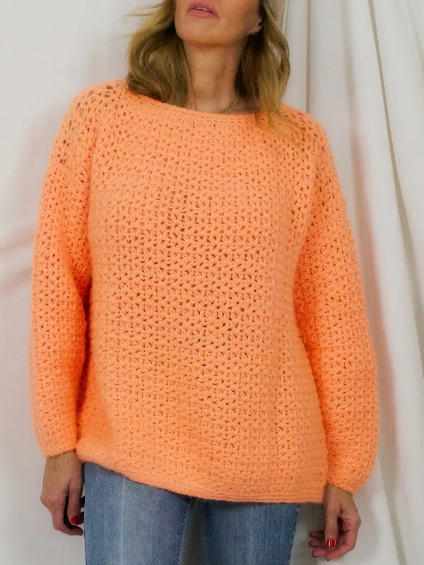 Vintage Day-Glo Melon Handknit Sweater Lace Blend Ribbed Blend Corduroy Blend