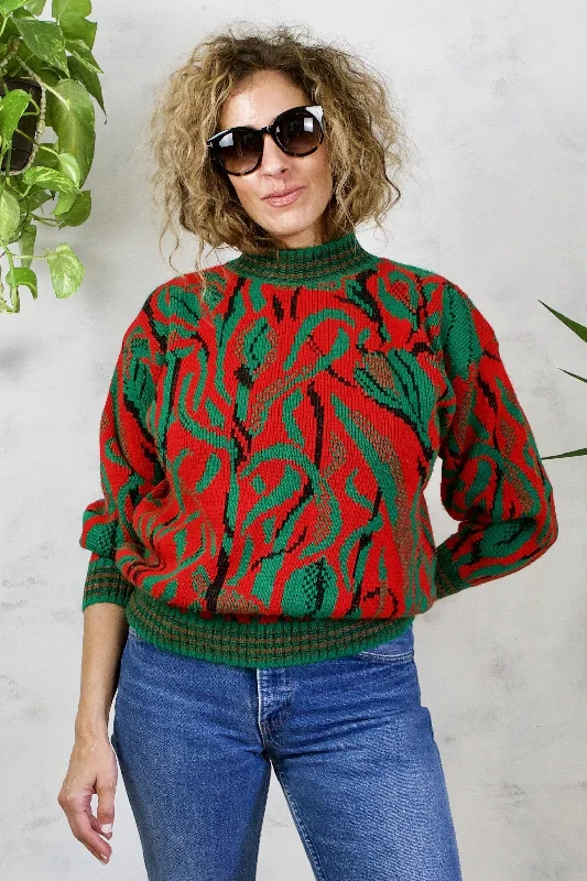 Vintage Abstract Artsy Mock Neck Sweater Front Pockets Side Pockets Patch Pockets