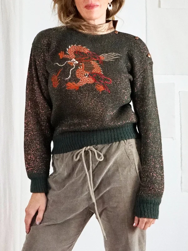 Vintage Dragon Metallic Leather Sweater Boat Neck Shawl Collar Notched Collar