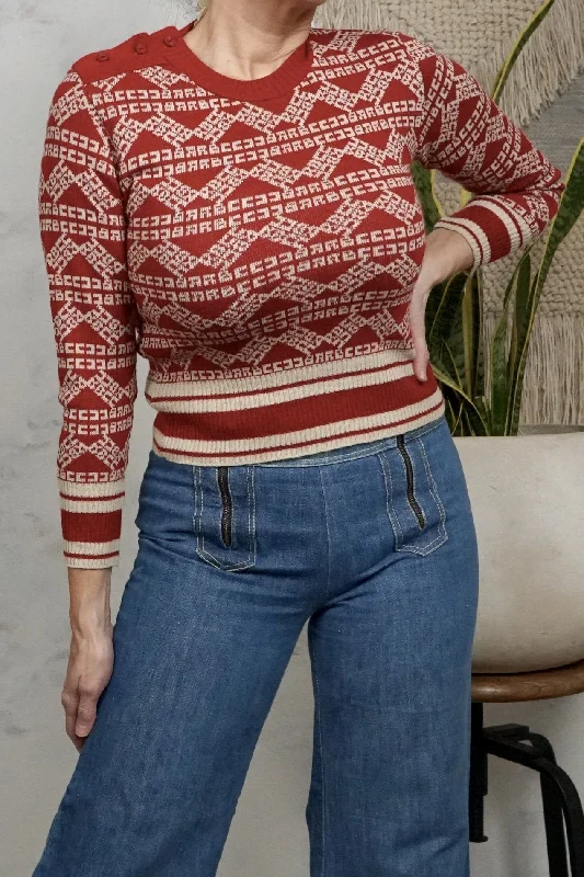 Vintage European Sporty Sweater Solid Print Embellished