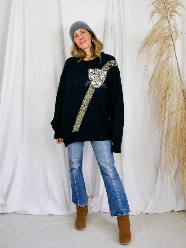 Vintage Leopard Appliqué Sweater Velvet Chenille Corduroy