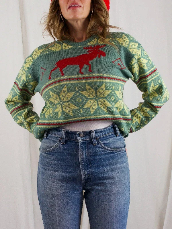 Vintage Moose Snowflake Ski Sweater Seamless Knitted Crochet