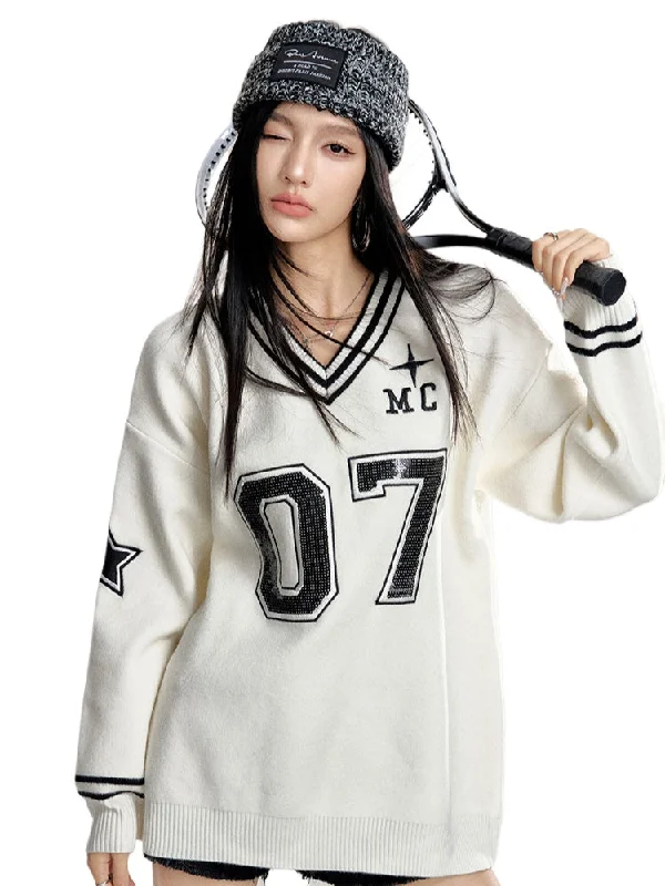 White & Navy V-neck Baseball Sweater Herringbone Houndstooth Plaid
